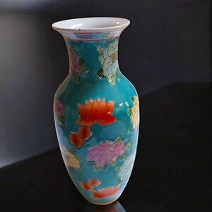 Vintage 60s 70s Chinese Porcelain Vase 10" Blue Floral, Raised Motif Handpainted